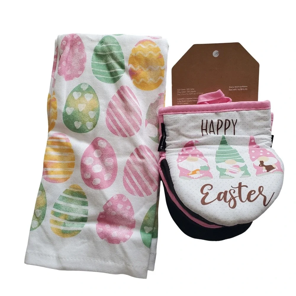 Cuisinart Easter Kitchen Towel and Mini Oven Mitt Set‎ 4pc Gnome Egg Pink Green
